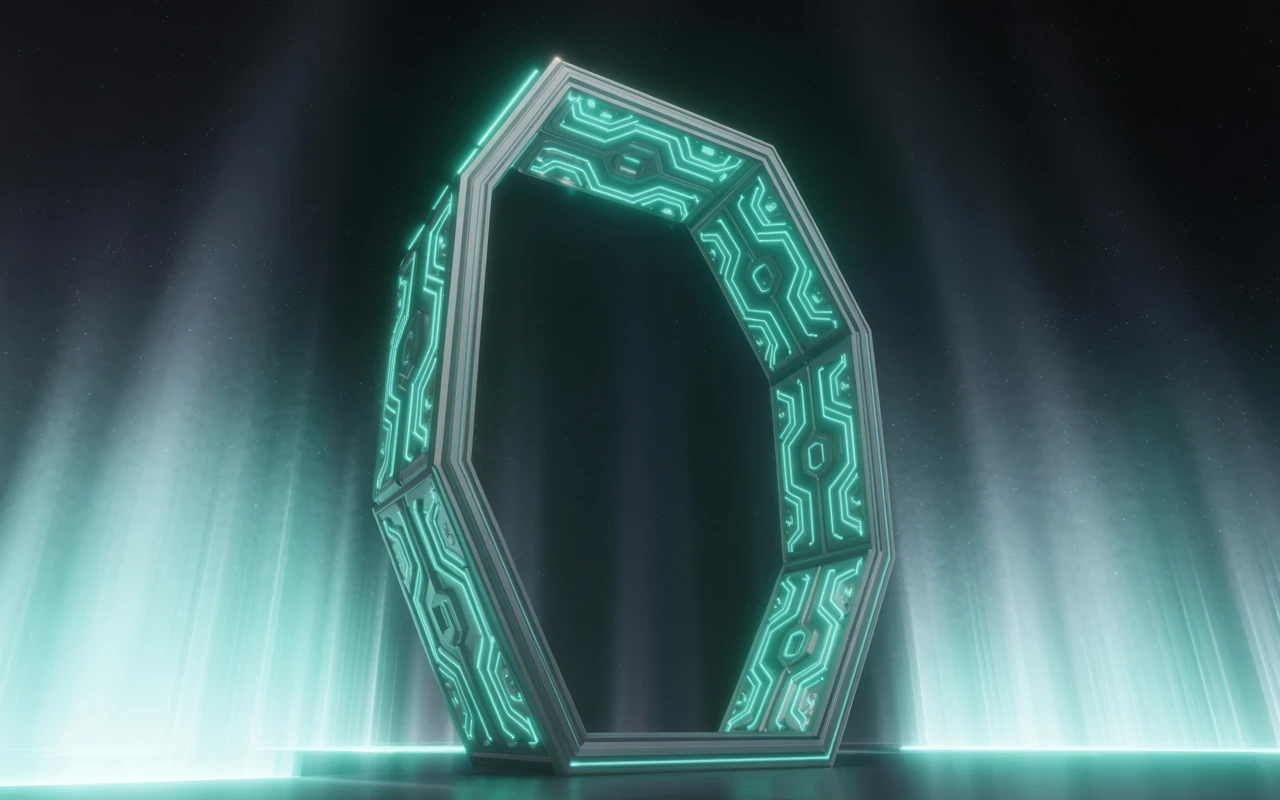 Portal hexagonal cyan emanando luz, simbolizando o início de uma conversa