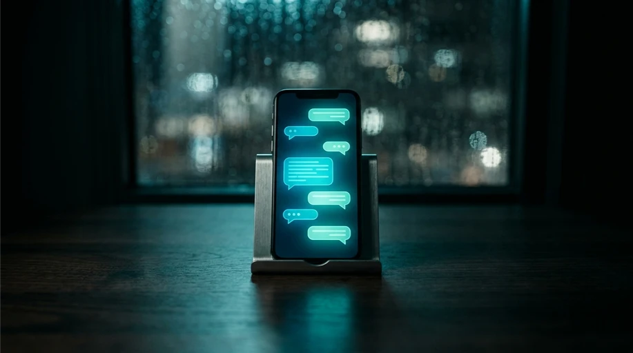Celular em suporte sobre mesa exibindo conversas automatizadas em tela iluminada
