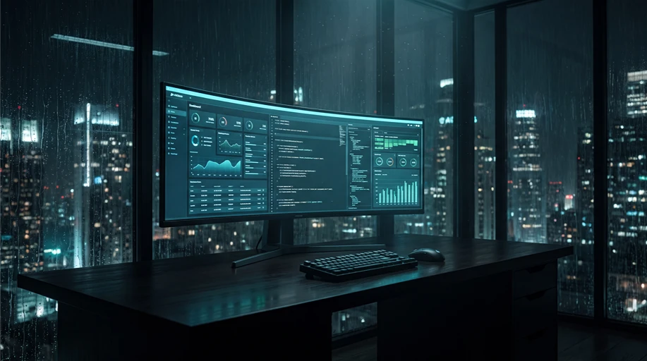 Estação de trabalho noturna com painel de sistema em tela ultrawide, cidade ao fundo através de janela com chuva