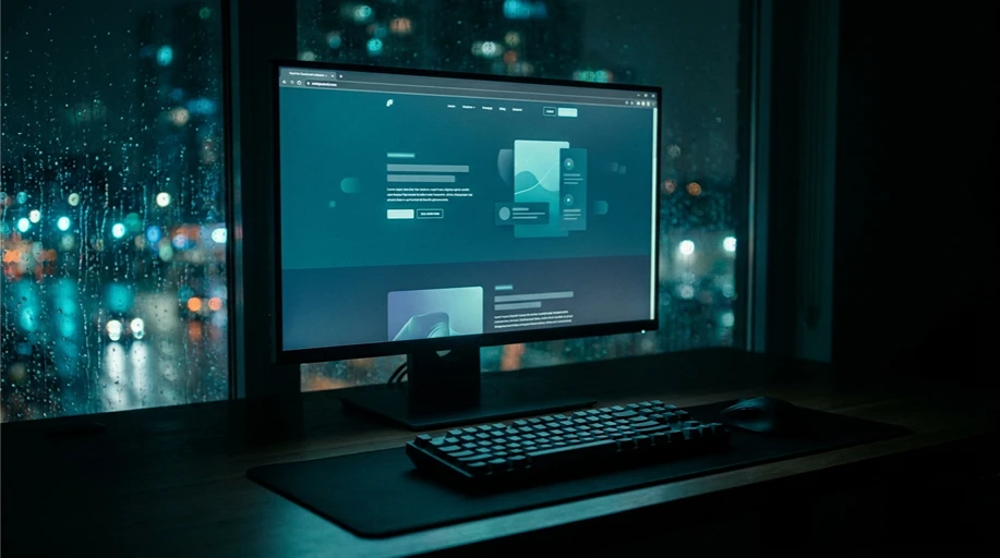 Monitor sobre mesa em ambiente noturno exibindo um site profissional, com luzes da cidade desfocadas através de janela com chuva ao fundo