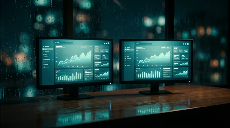 Dois monitores exibindo dashboards de tráfego pago com gráficos de linha em alta e barras, em mesa de madeira à noite