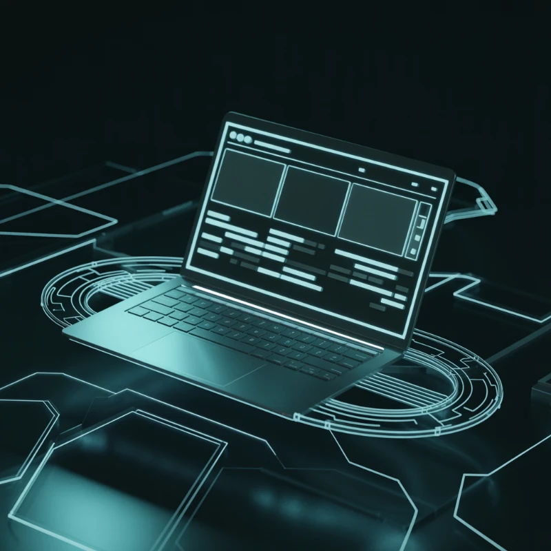 Notebook exibindo loja Shopify com painel de produtos e circuitos cyan ao redor