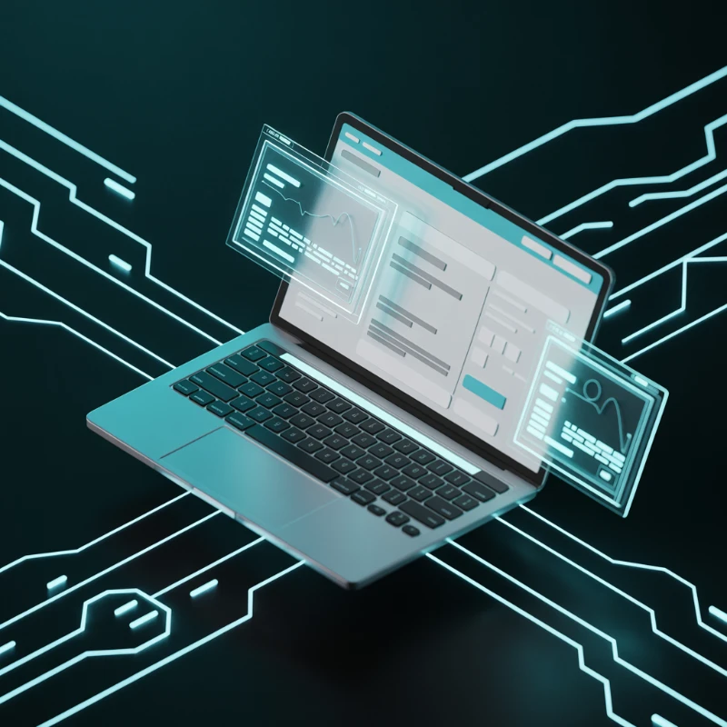 Notebook exibindo landing page profissional com wireframes flutuantes e circuitos cyan