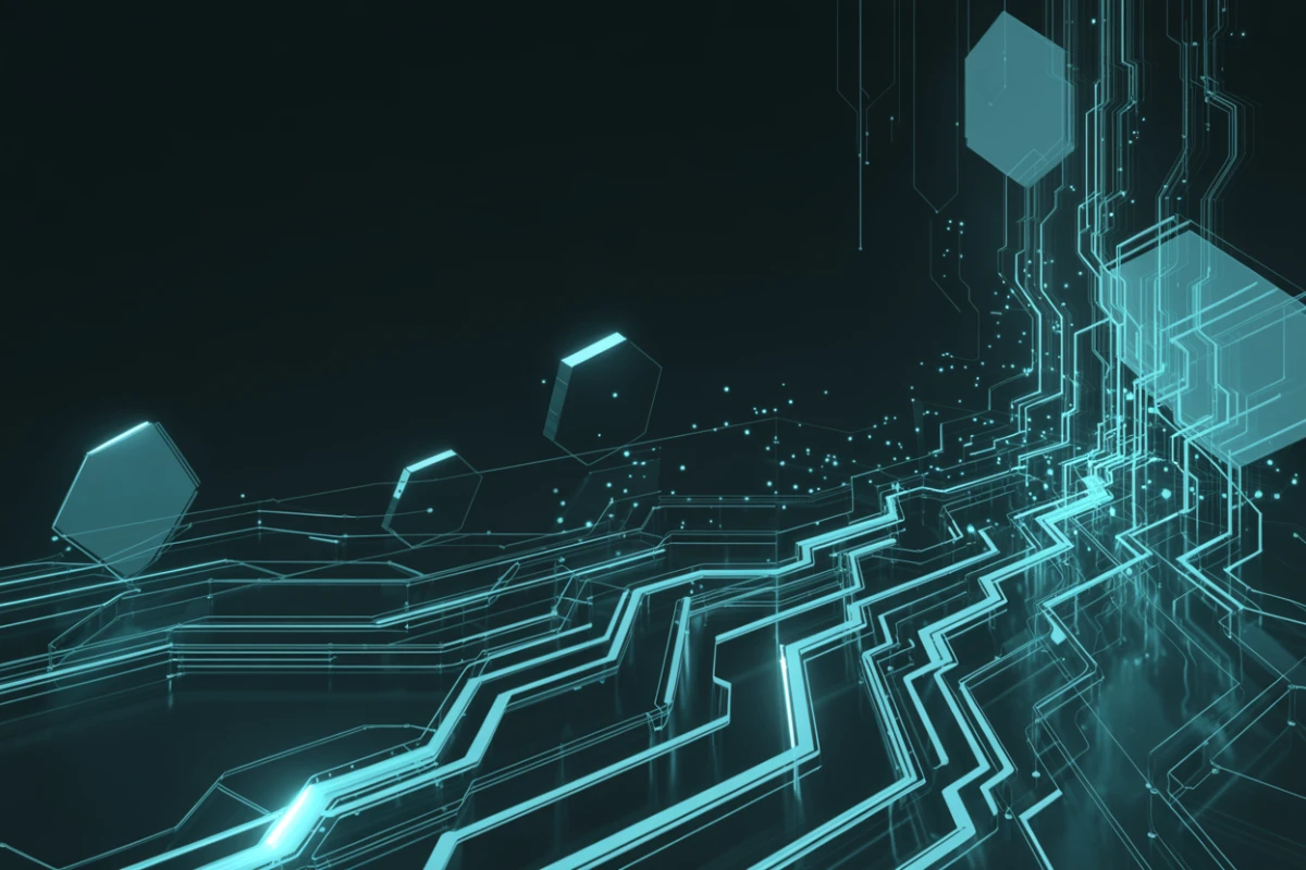 Portal hexagonal cinematográfico simbolizando a passagem entre ideia e produto digital